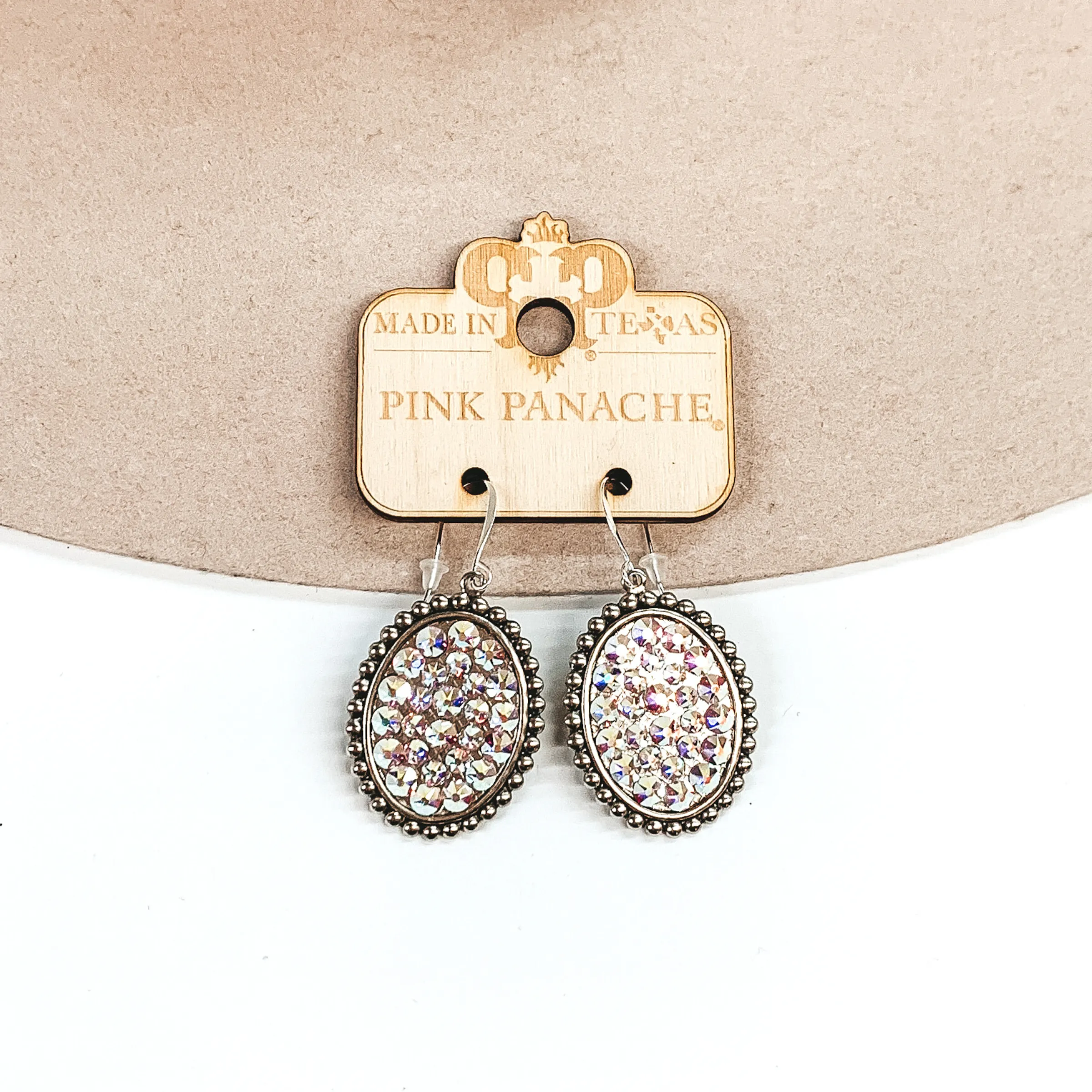 Pink Panache | Small Silver Oval Earrings with AB Crystals