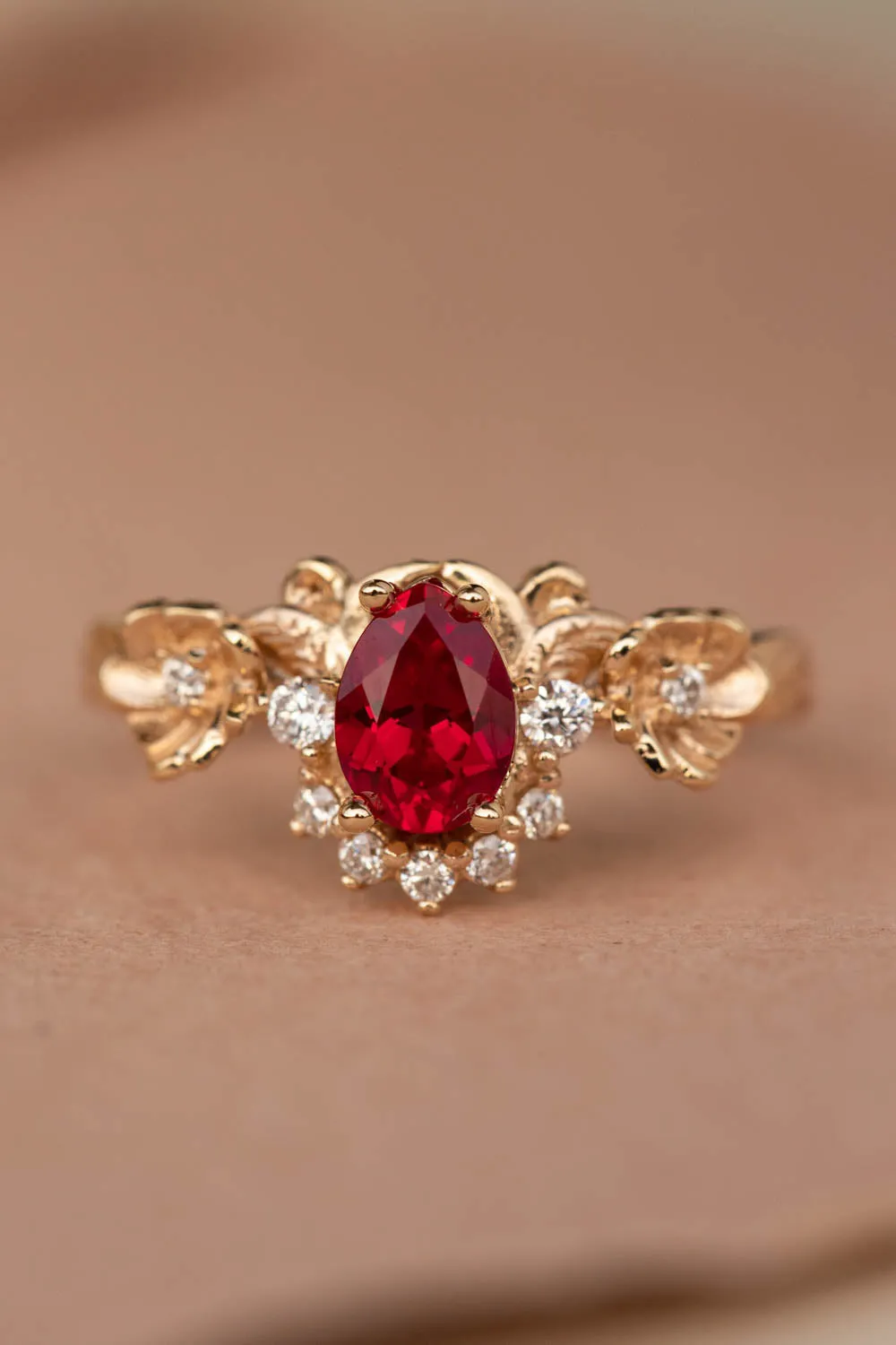 READY TO SHIP: Adelina bridal ring set in 14K yellow gold, lab ruby pear cut 7x5 mm, lab grown diamonds, AVAILABLE RING SIZES: 6-8US