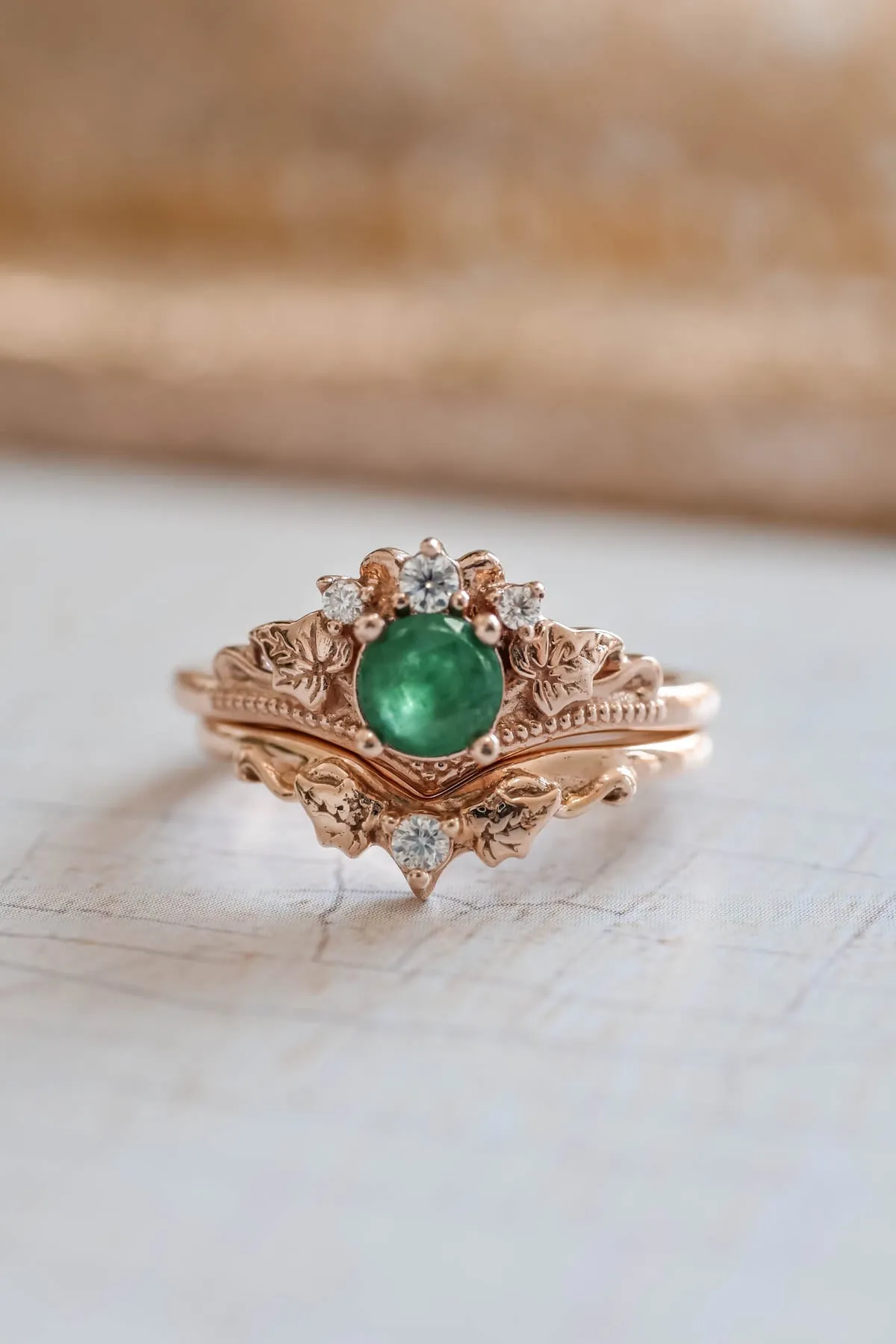 READY TO SHIP: Ariadne set in 14K rose gold, 5 mm round cut natural emerald, moissanites, RING SIZE - 6.75 US