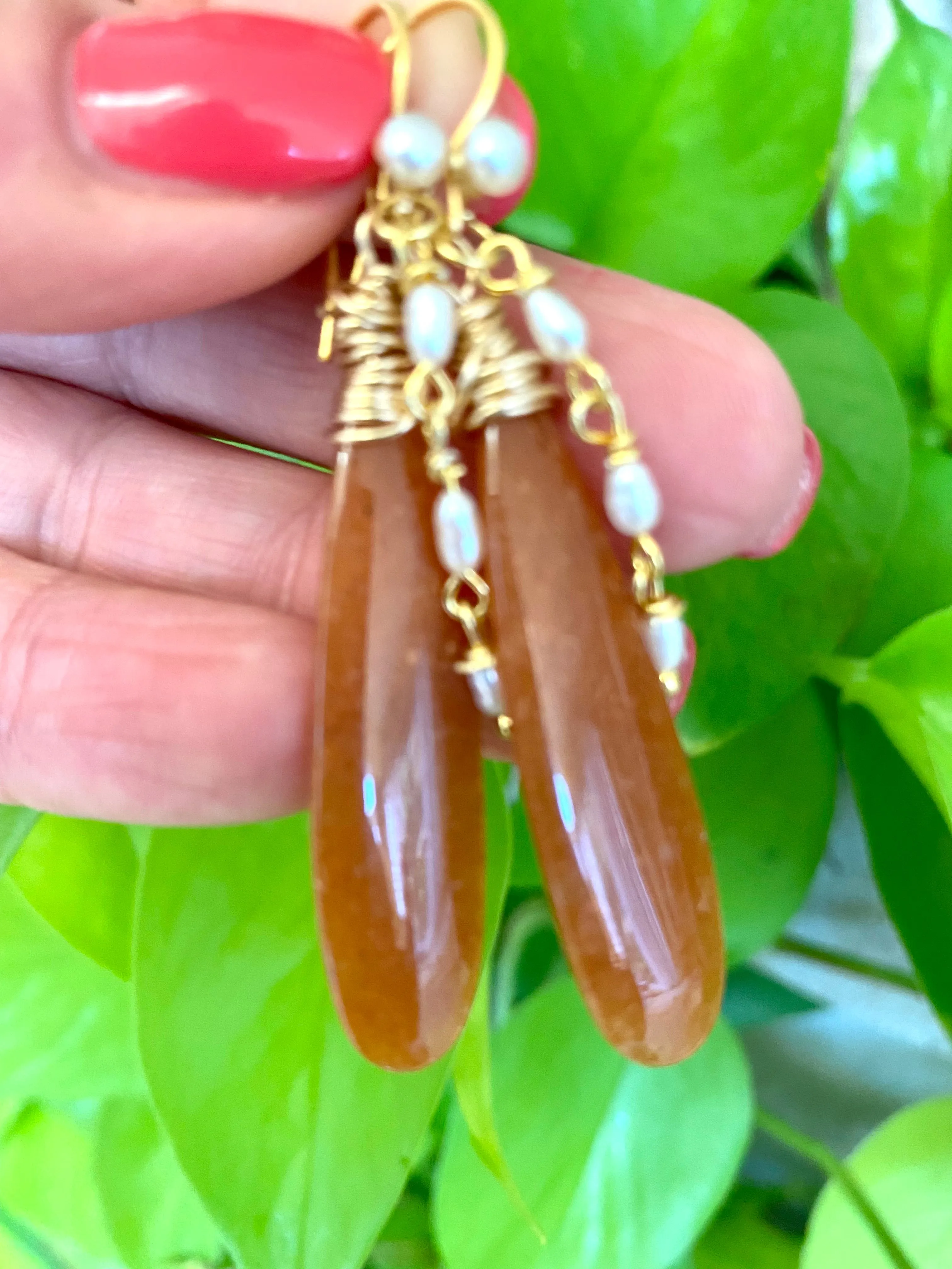Red Aventurine and Pearl Earrings, Gold Vermeil, Artisan OOAK Jewelry