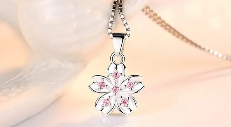Rhinestone Pink Flower Pendant Silver Necklace