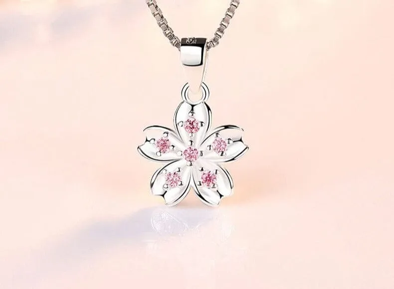 Rhinestone Pink Flower Pendant Silver Necklace
