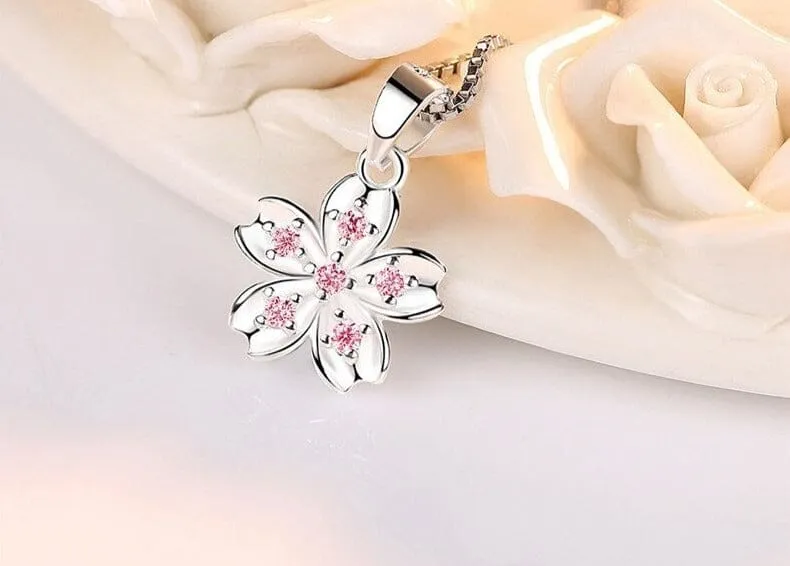 Rhinestone Pink Flower Pendant Silver Necklace