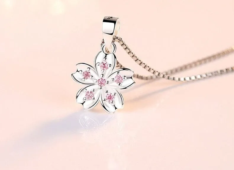 Rhinestone Pink Flower Pendant Silver Necklace