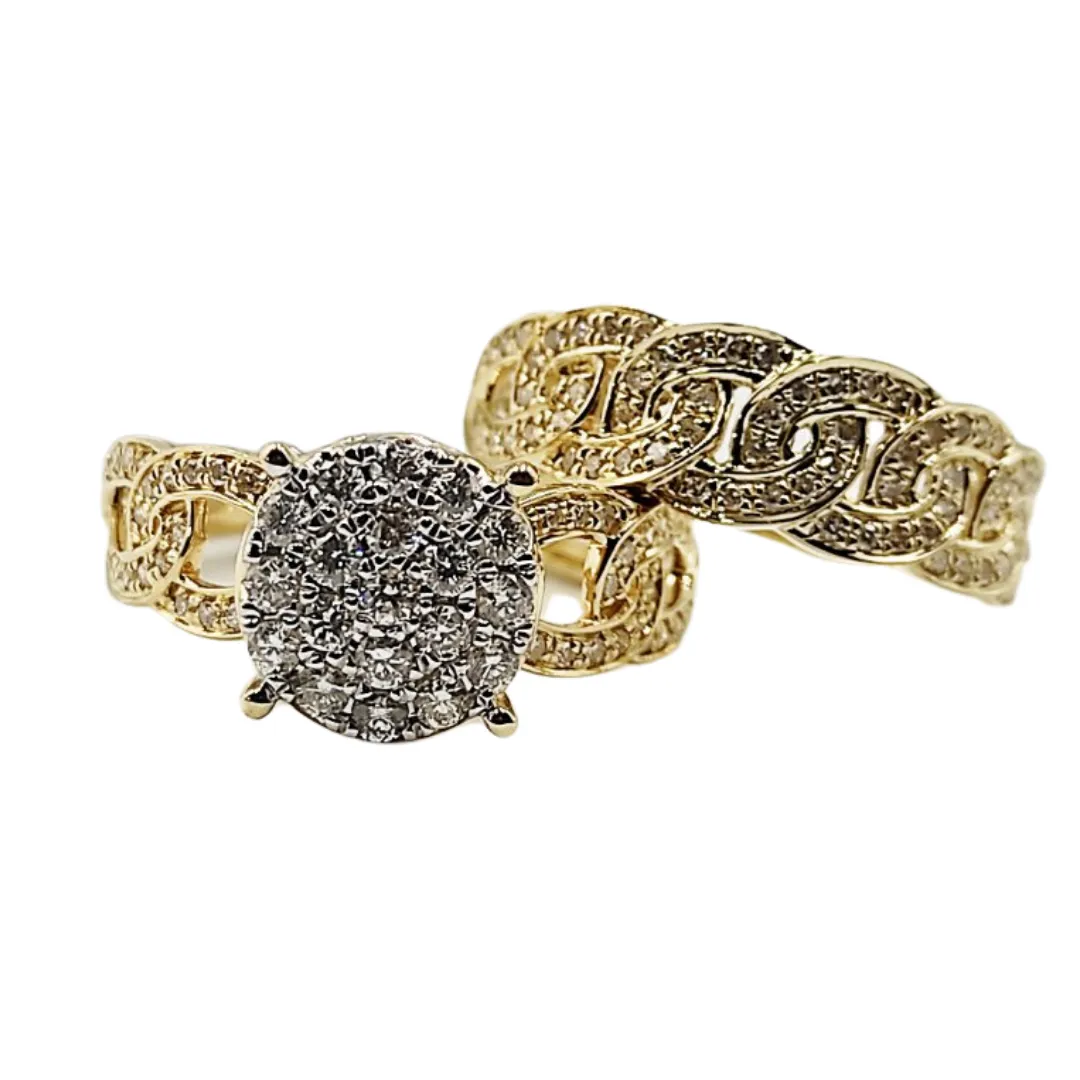 Round Diamond Engagement Ring and Chain Style Half Eternity Wedding Ring Bridal Set 14K Yellow Gold