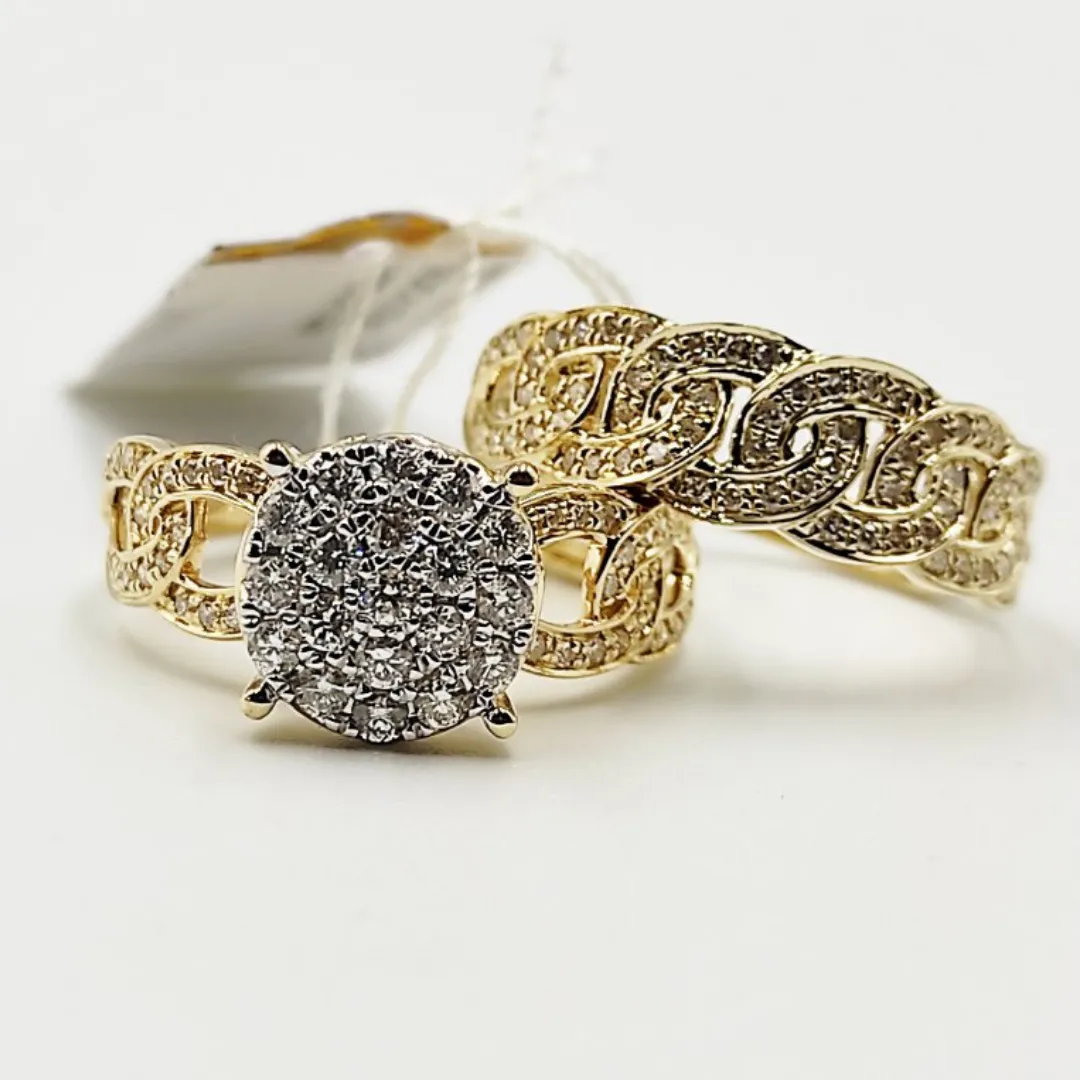 Round Diamond Engagement Ring and Chain Style Half Eternity Wedding Ring Bridal Set 14K Yellow Gold