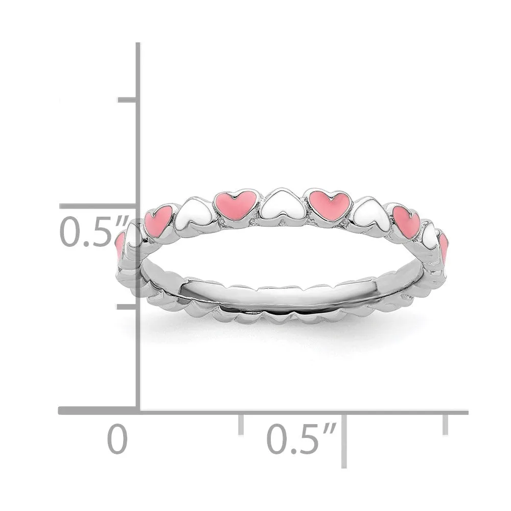Stackable Expressions Pink & White Enamel Heart Ring in Sterling Silver