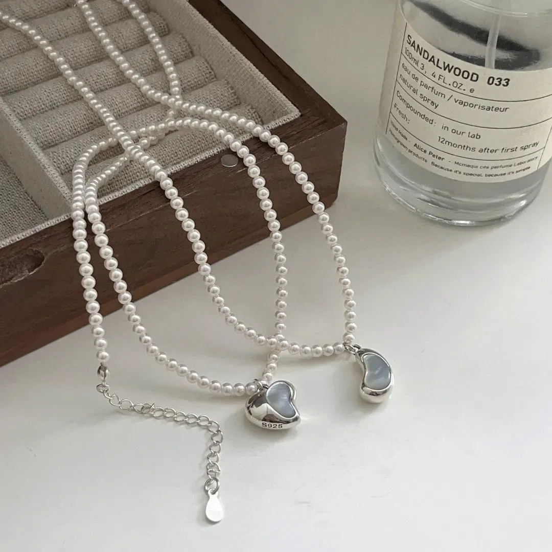Sterling Silver Heart Half Heart Pearl Necklace