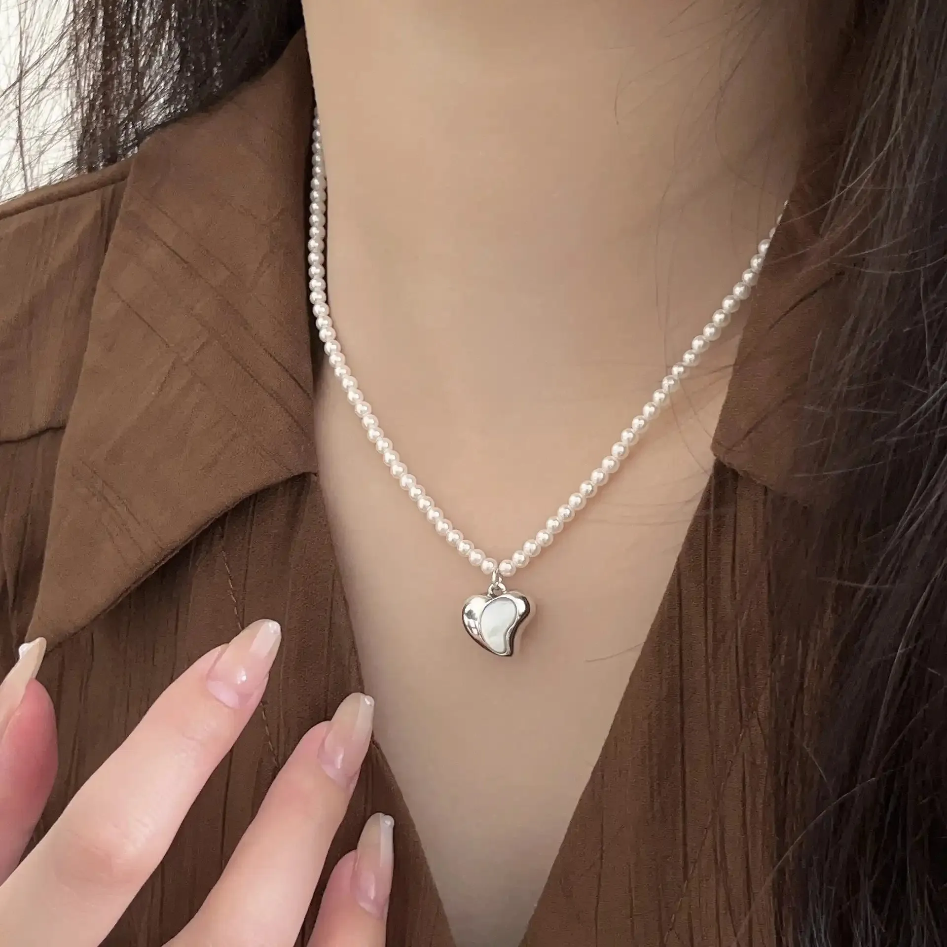 Sterling Silver Heart Half Heart Pearl Necklace