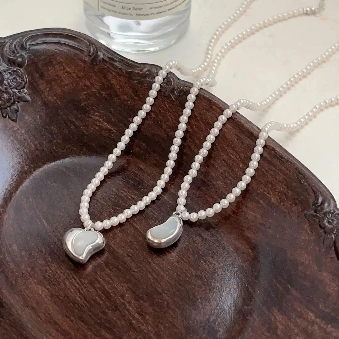 Sterling Silver Heart Half Heart Pearl Necklace
