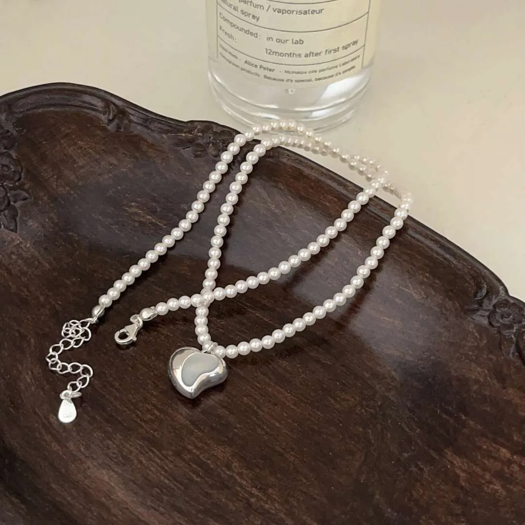 Sterling Silver Heart Half Heart Pearl Necklace