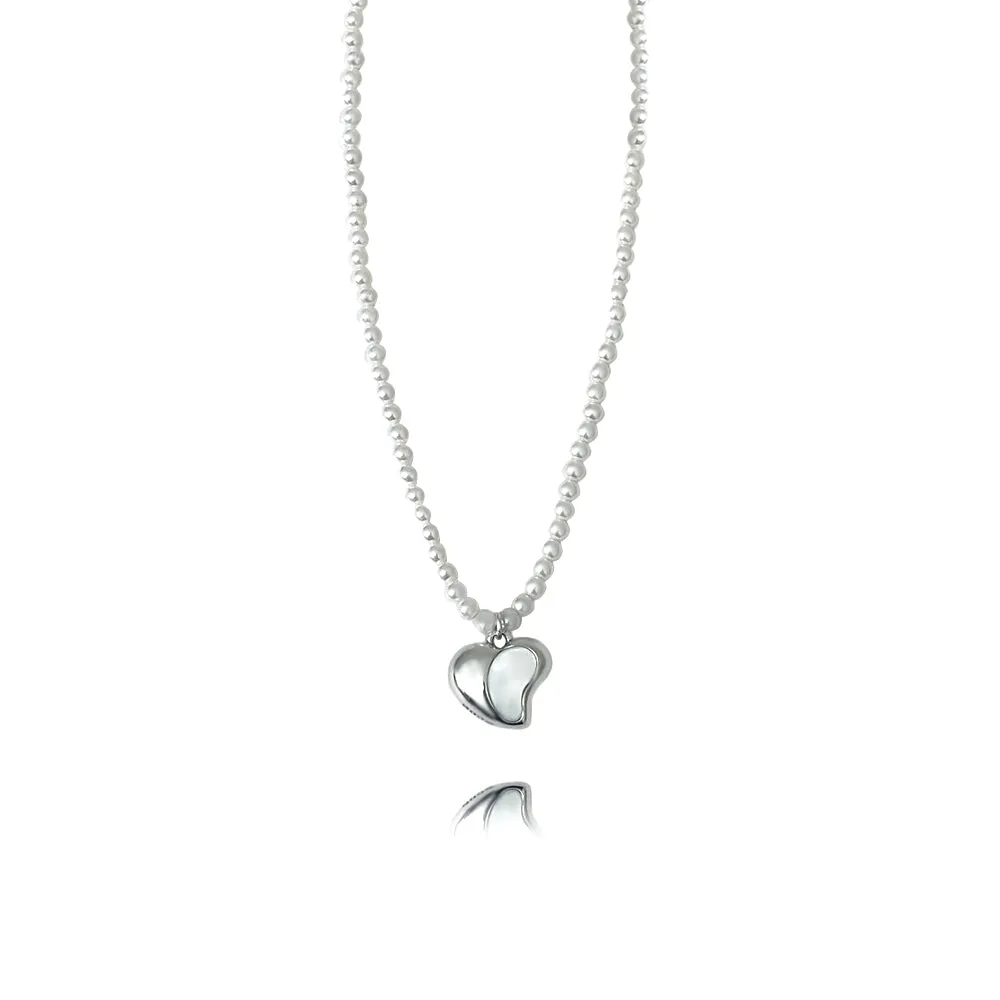Sterling Silver Heart Half Heart Pearl Necklace