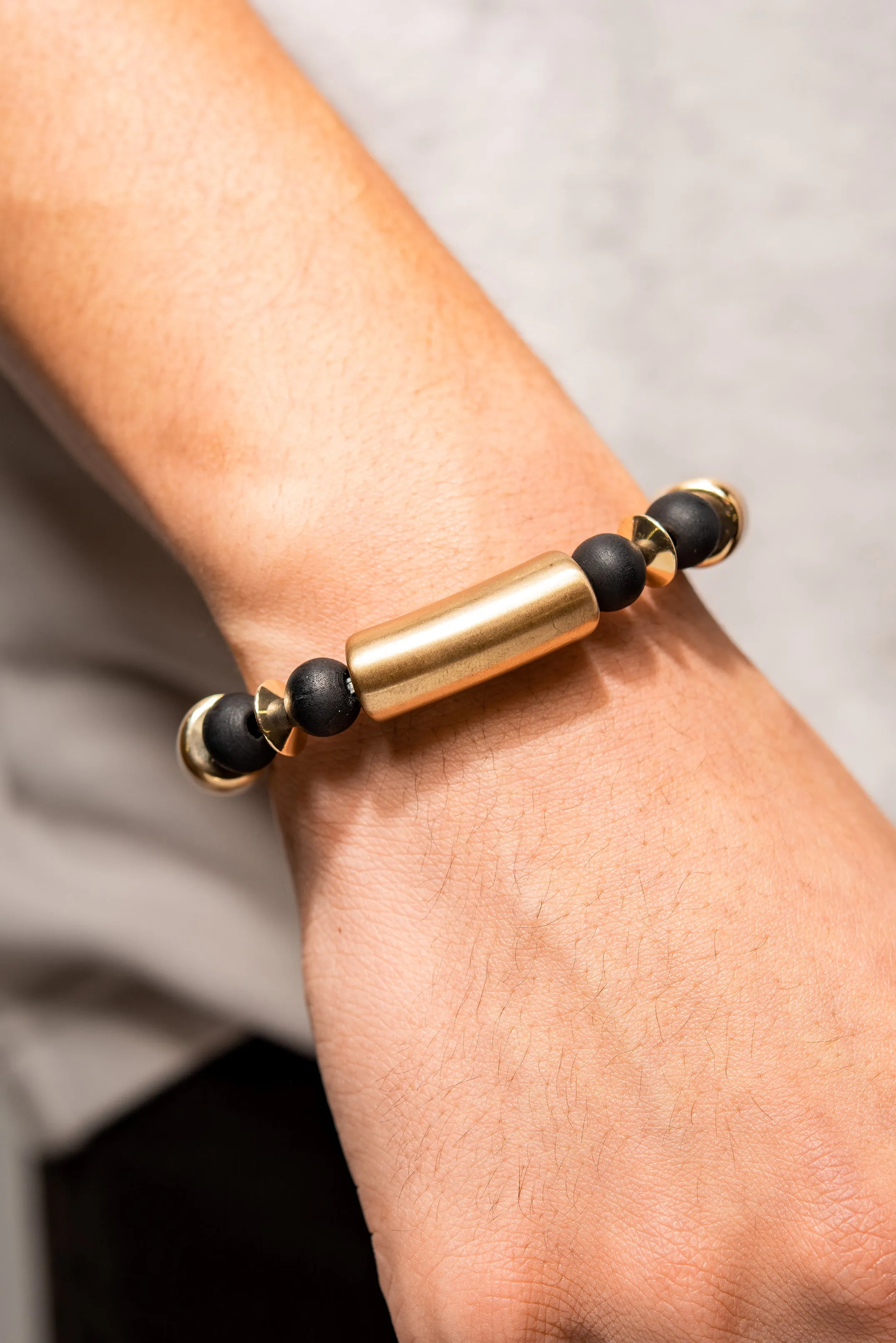 Tribal Bamboo Gold Plated Tube Bead Bracelet - Black