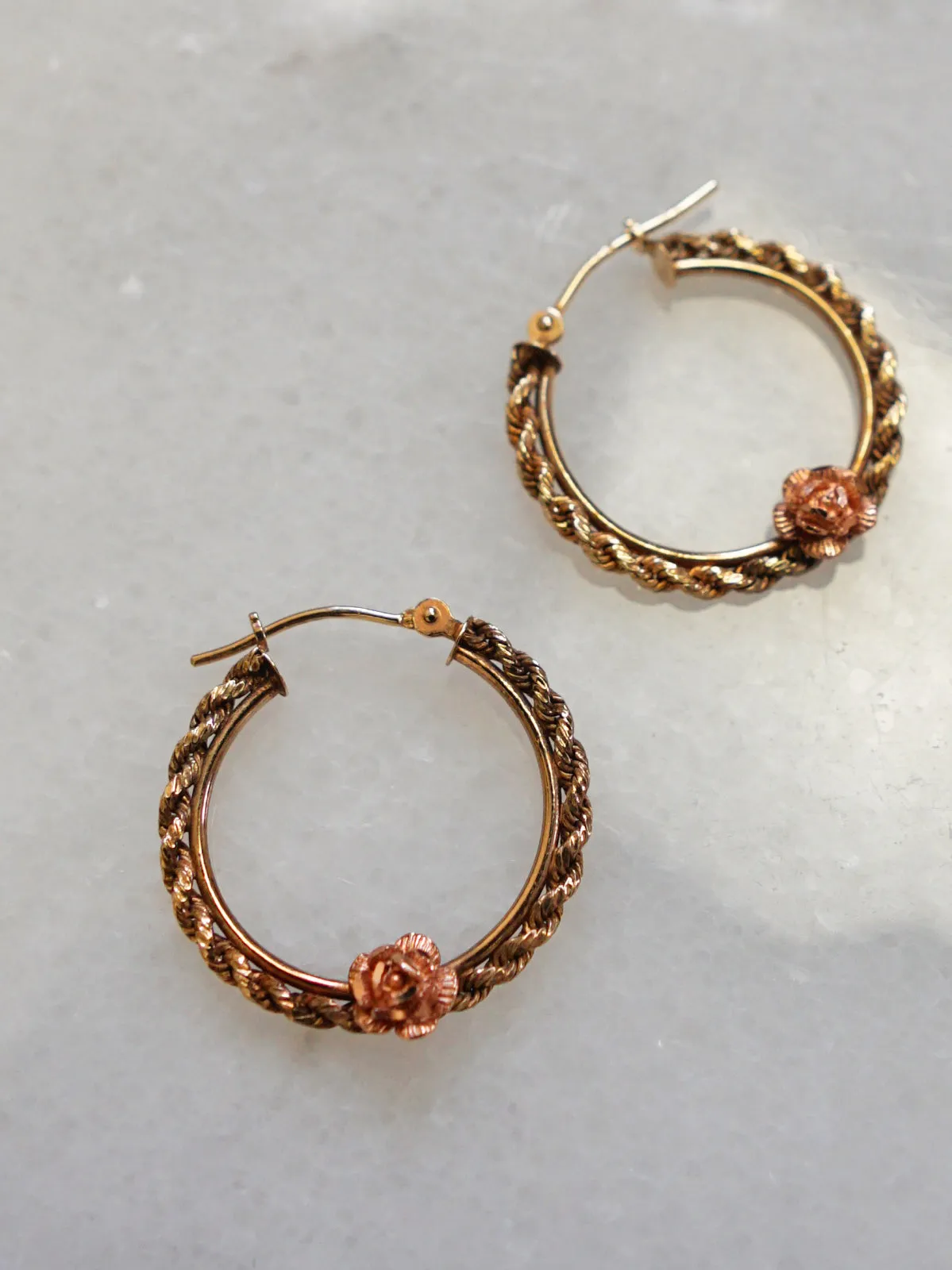 Vintage Rosebud 10k Gold Braided Hoop Earrings
