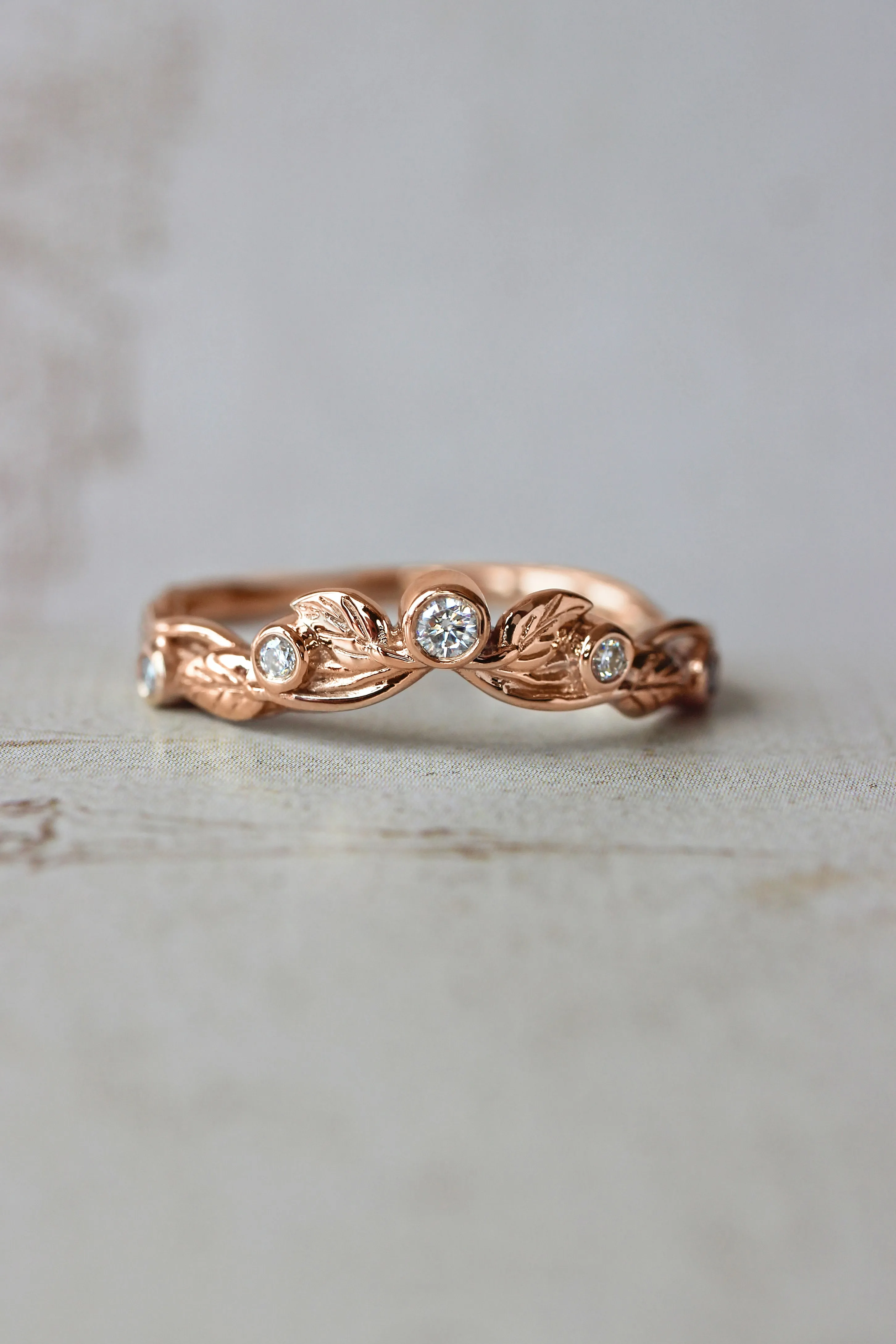Wreath wedding band, leaf ring with diamonds or moissanites