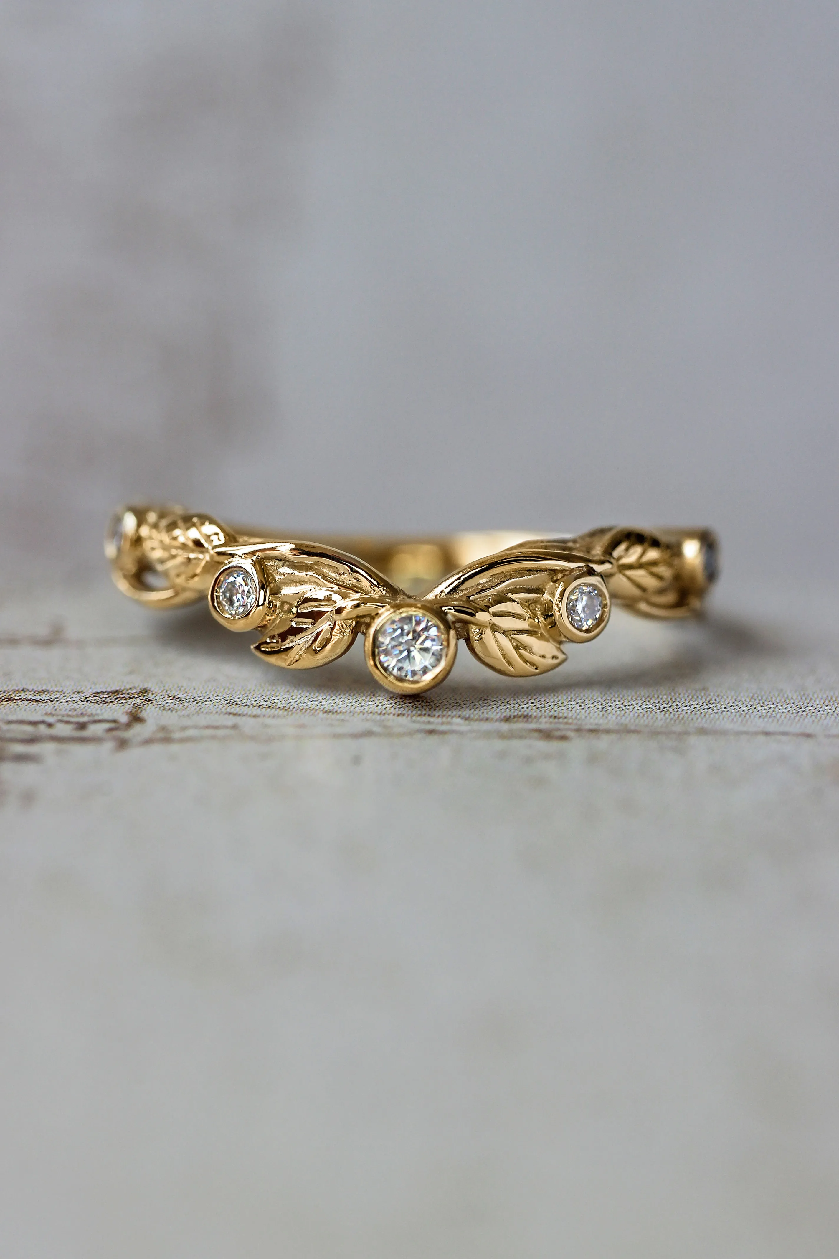Wreath wedding band, leaf ring with diamonds or moissanites
