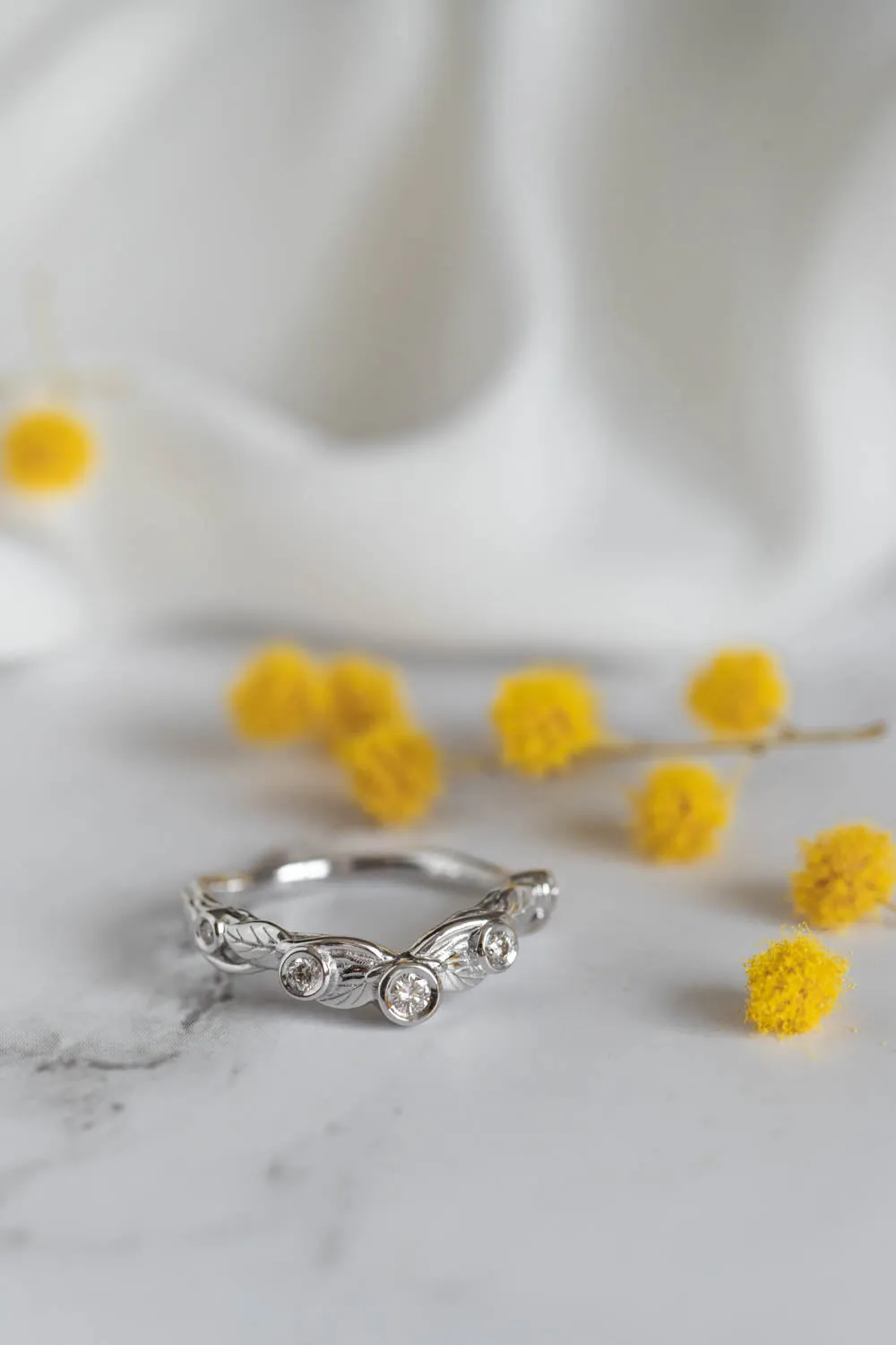 Wreath wedding band, leaf ring with diamonds or moissanites