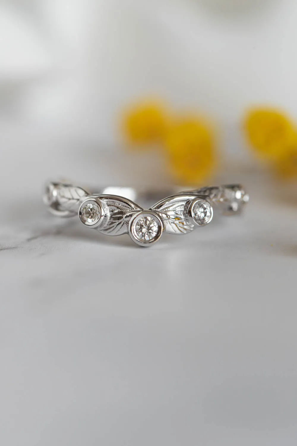 Wreath wedding band, leaf ring with diamonds or moissanites