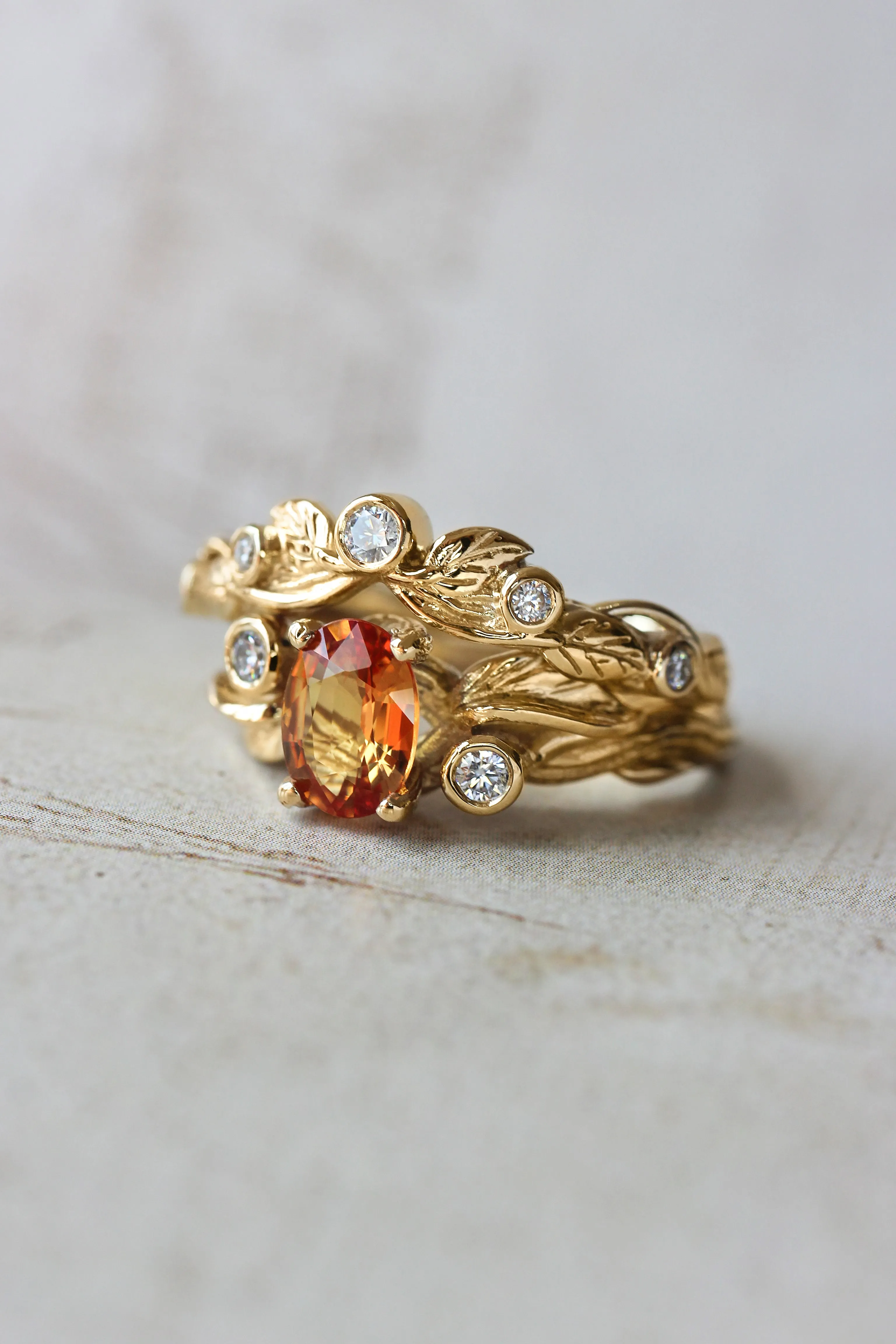 Wreath wedding band, leaf ring with diamonds or moissanites