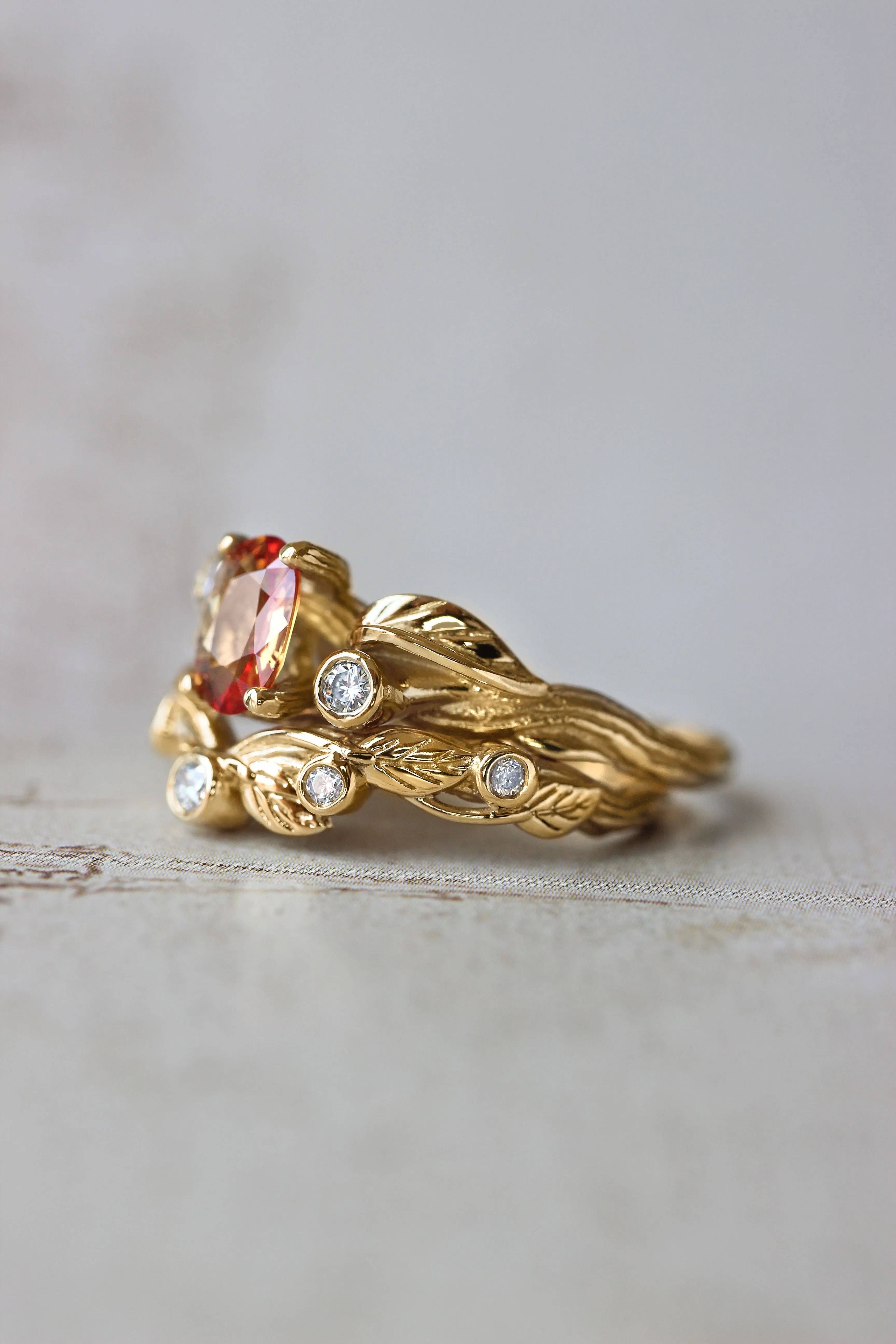 Wreath wedding band, leaf ring with diamonds or moissanites