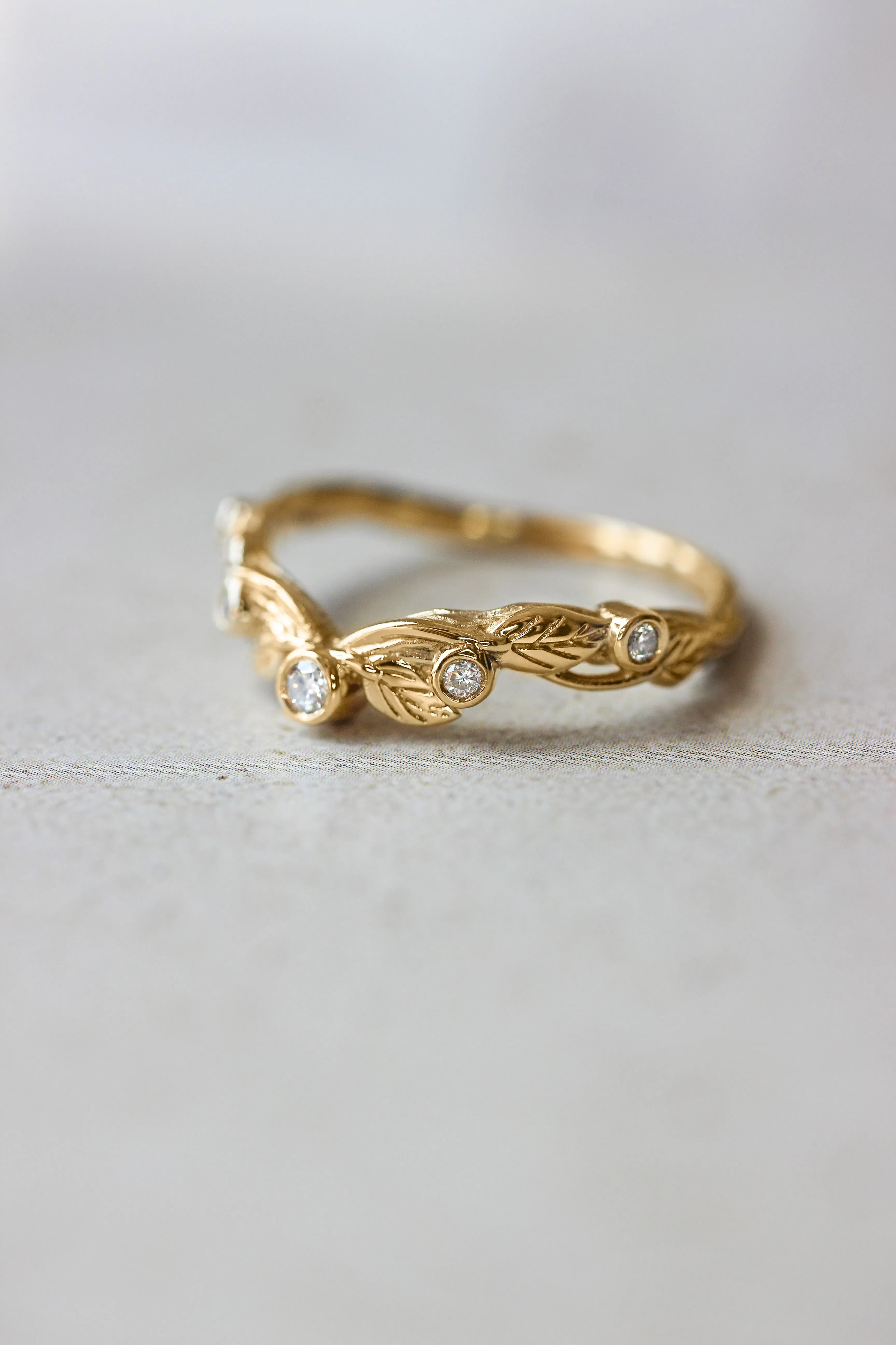 Wreath wedding band, leaf ring with diamonds or moissanites